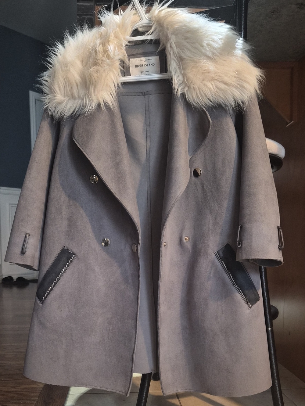 River Island Gray Suede Trench Coat with Cream Faux Fur Collar